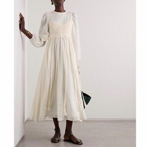 Ulla Johnson Aviva Handmade Cotton Ramie Crochet Midi Dress Cream Size 0